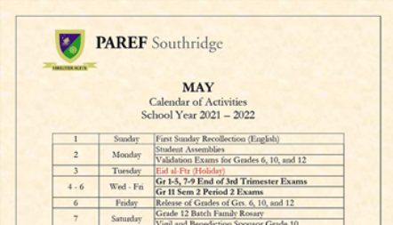 MAY 2022 CALENDAR OF ACTIVITIES