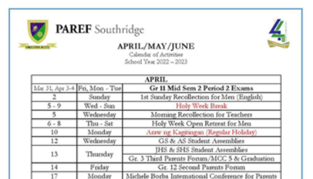 April May June Calendar of Activities