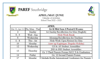 April May June Calendar of Activities - PAREF Southridge