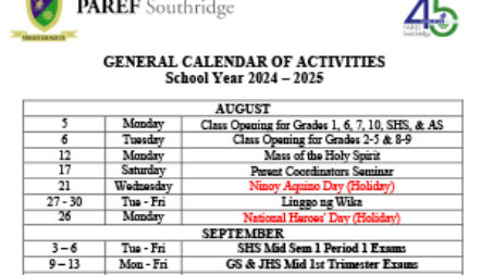 GENERAL CALENDAR OF ACTIVITIES School Year 2024 – 2025