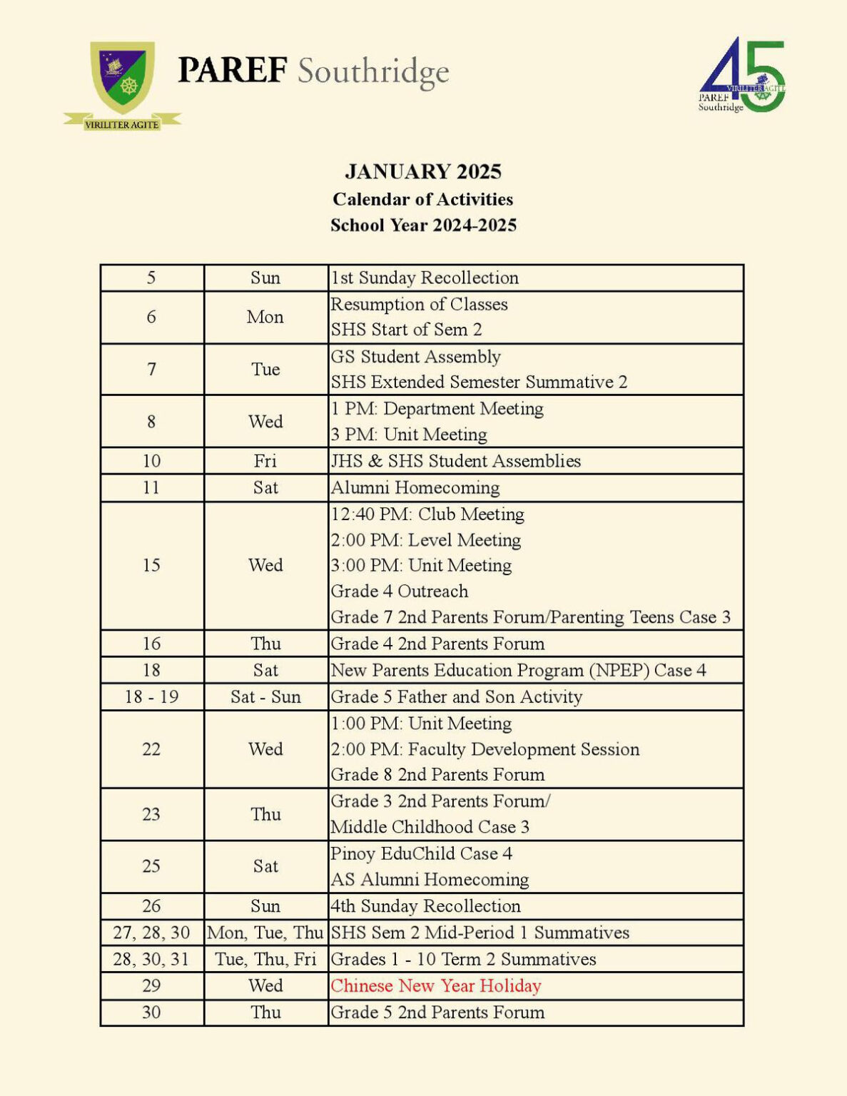 January 2025 Calendar - PAREF Southridge